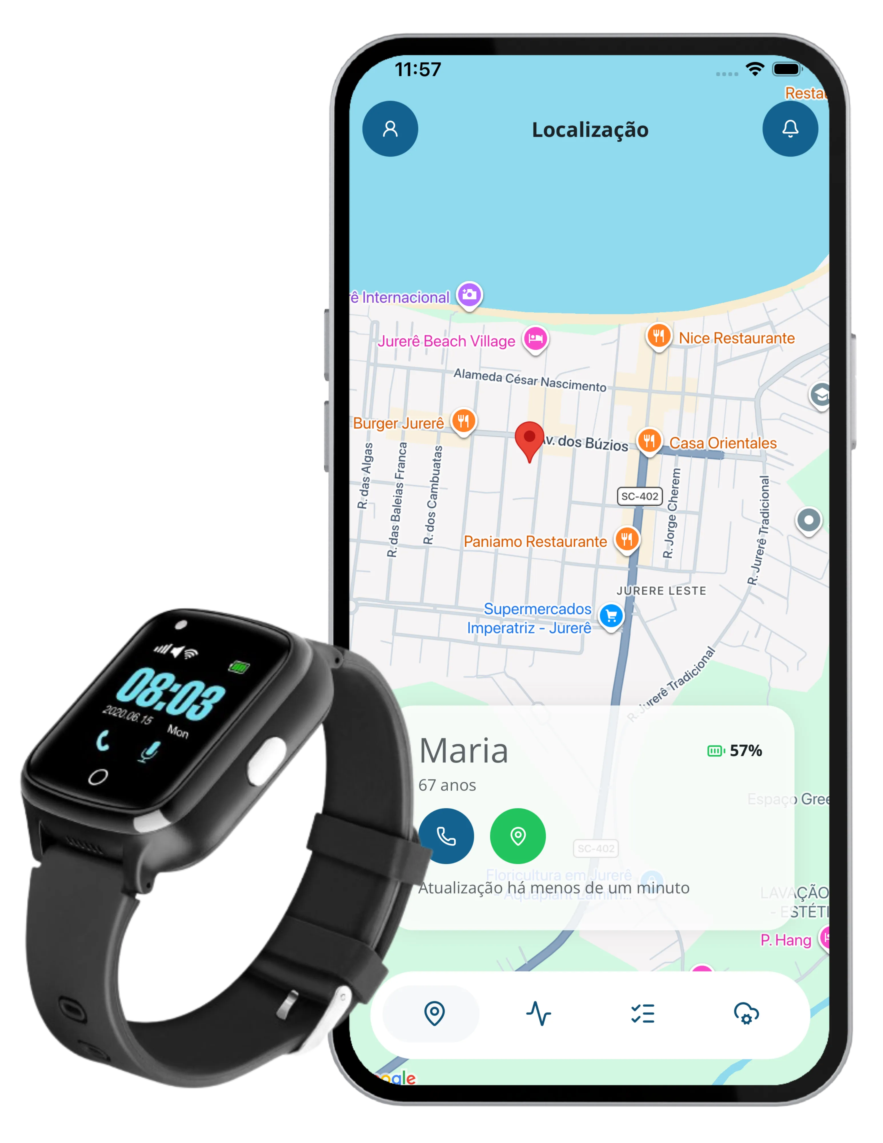 Aplicativo Cuida Bem e relógio inteligente com GPS para monitoramento de idosos